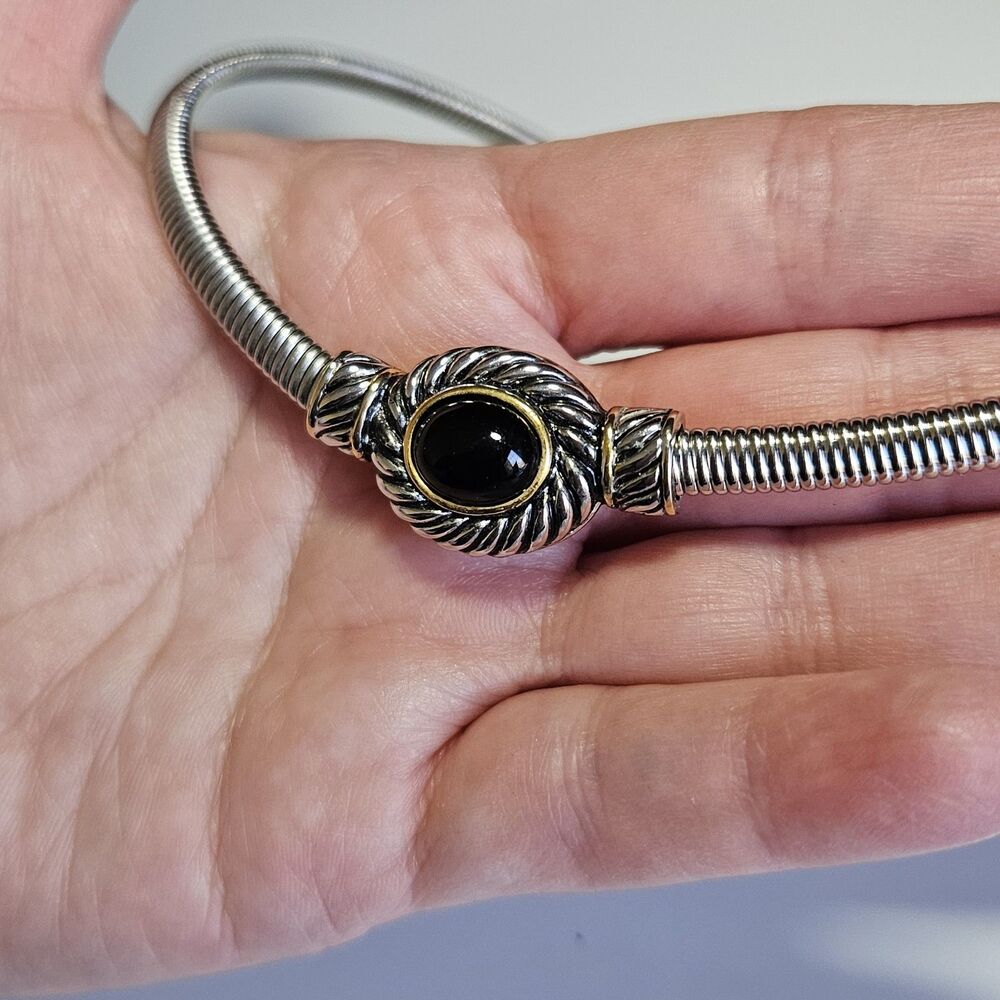 Two Tone Silver With Gold Tone Accents Black Stone Necklace 16-18"